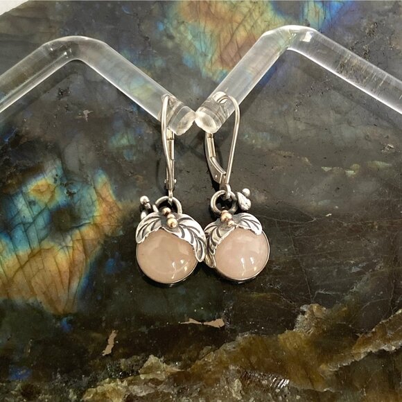Sterling Silver 925 14K Yellow Gold Dainty Floral Rose Quartz Dangle Earrings - Picture 1 of 15
